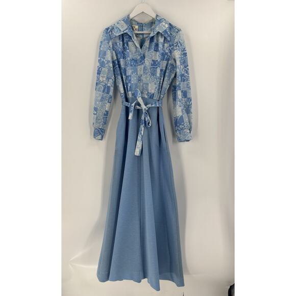 Vintage 1970s Forever Young Dress Womens 18 Blue Maxi Belted Collared Pockets